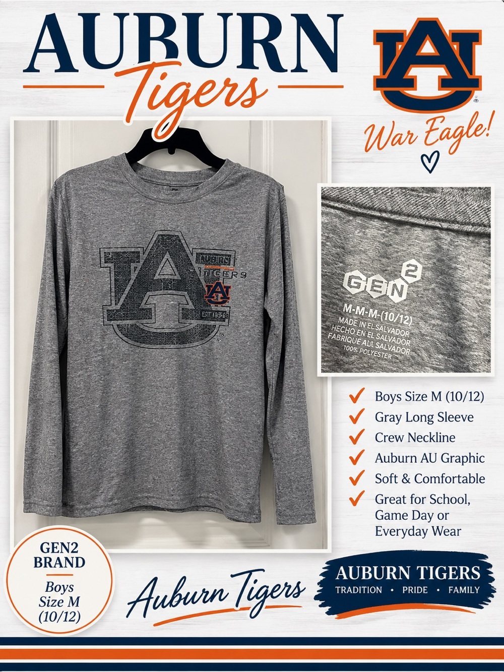 Auburn Tigers Boys Long Sleeve Shirt Gray Gen2 Size Medium  Auburn Long Sleeve